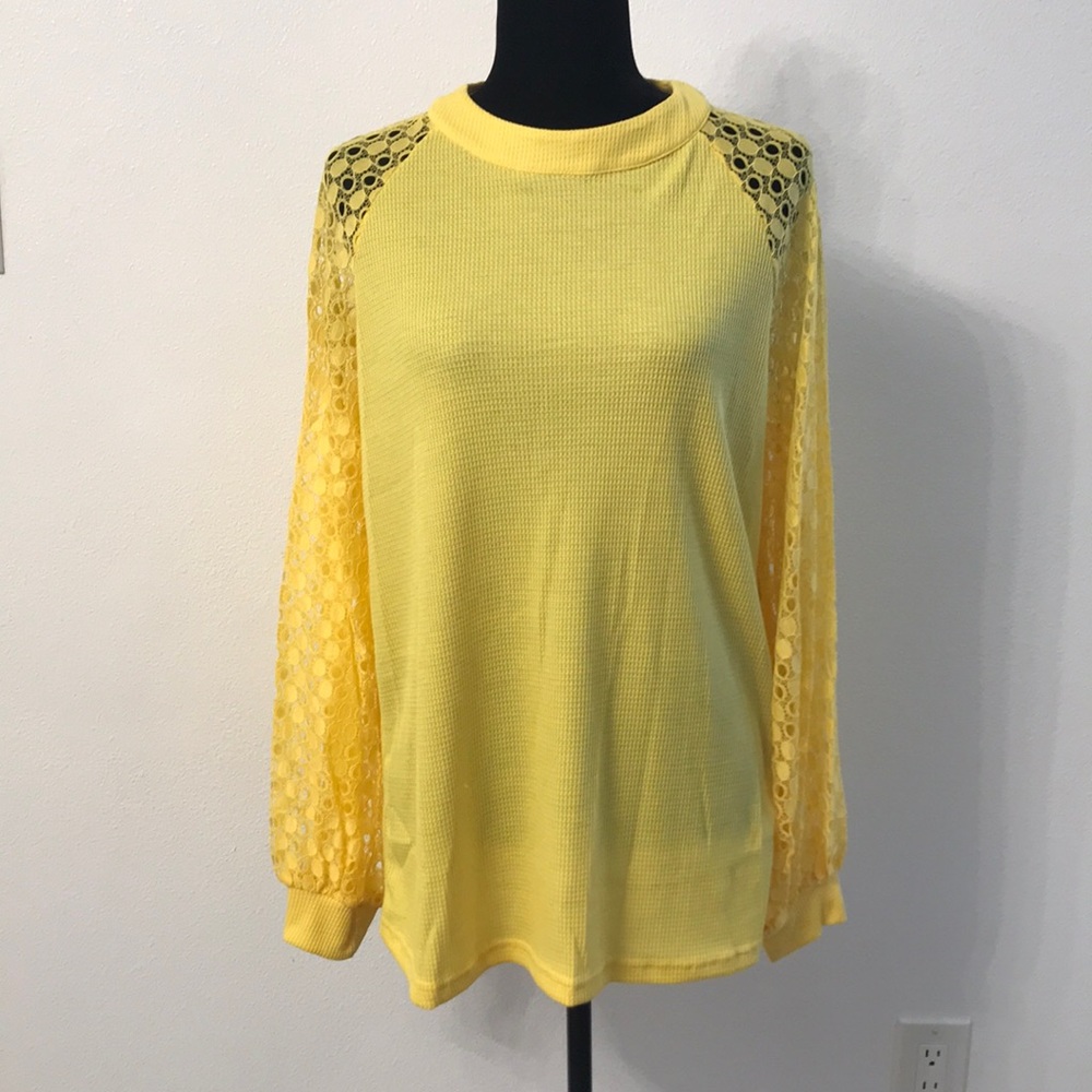 Yellow Miholl Lightweight Thermal Texture Lace Sleeve Blouse Size XL